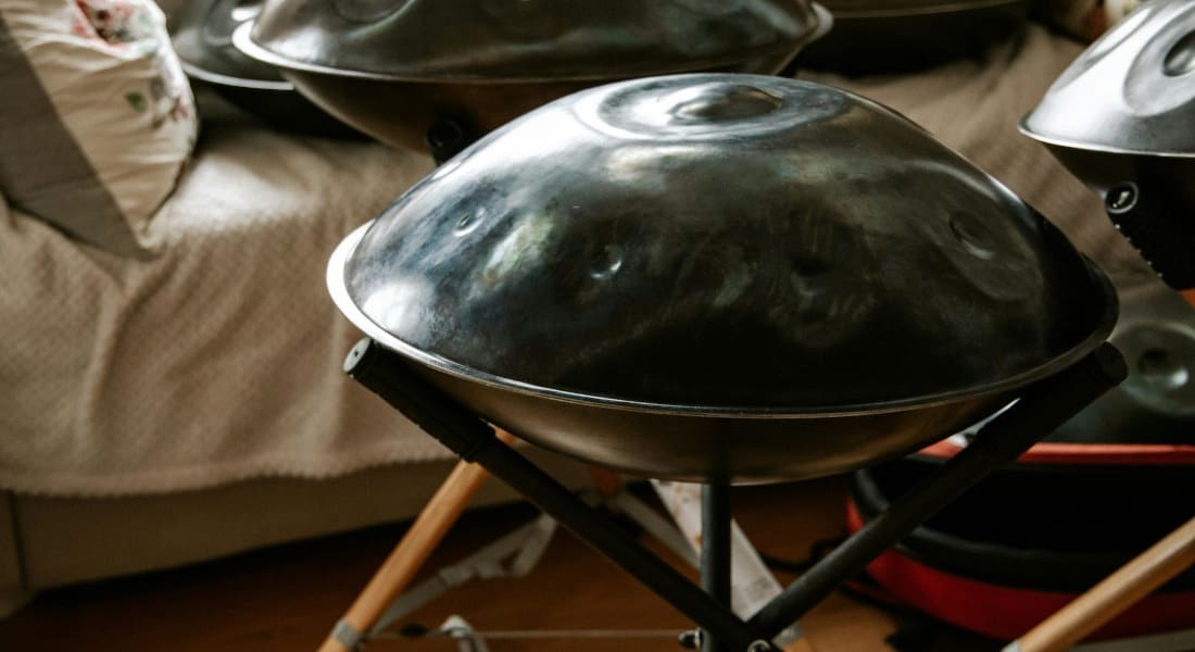 Close-up of a handpan on a tripod stand