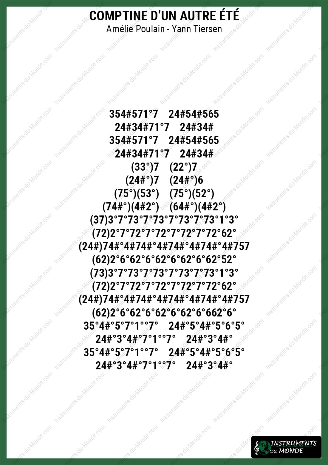 Kalimba sheet music Comptine d'un autre été Amélie Poulain numbers
