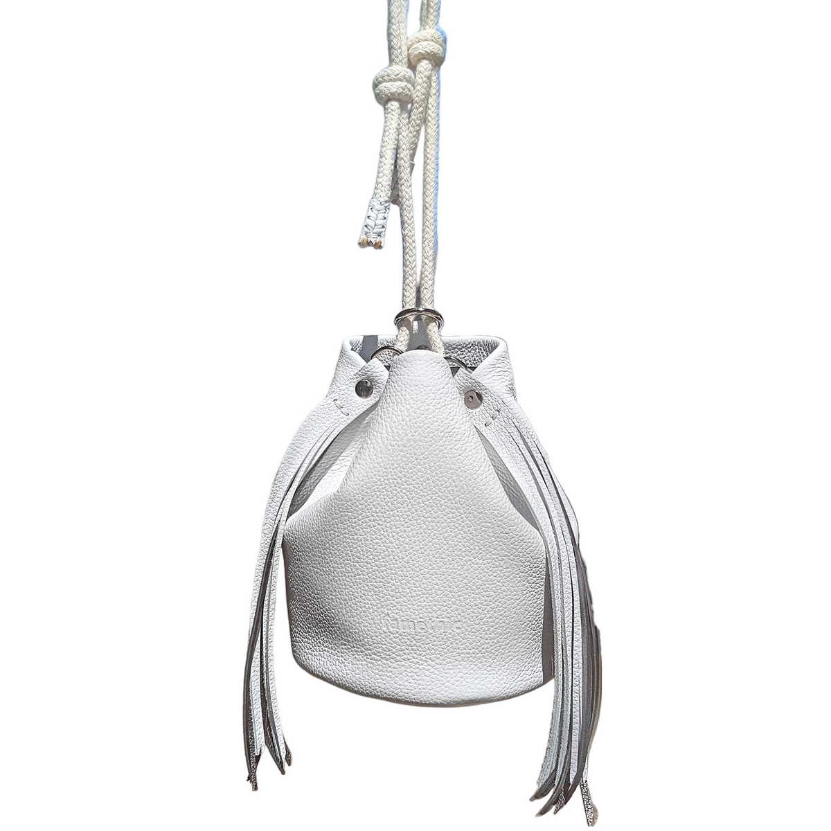 mini-camélée sac seau maroquinerie éthique responsable cuir sac à main frange collection optimiste faméthic marseille rose blanc bleu lavande