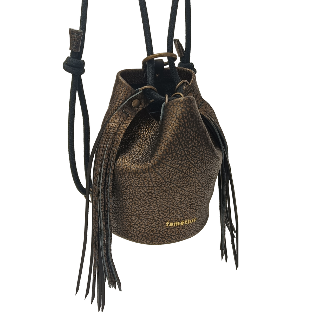 sac à dos bandoulière sac seau frange cuir français noir argenté bronze faméthic maroquinerie fabrication française made in france