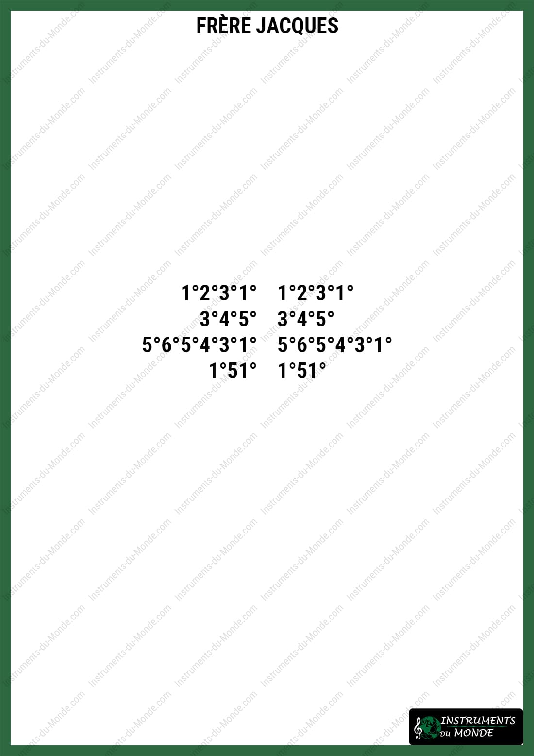 Kalimba sheet music for Frère Jacques (numbers)