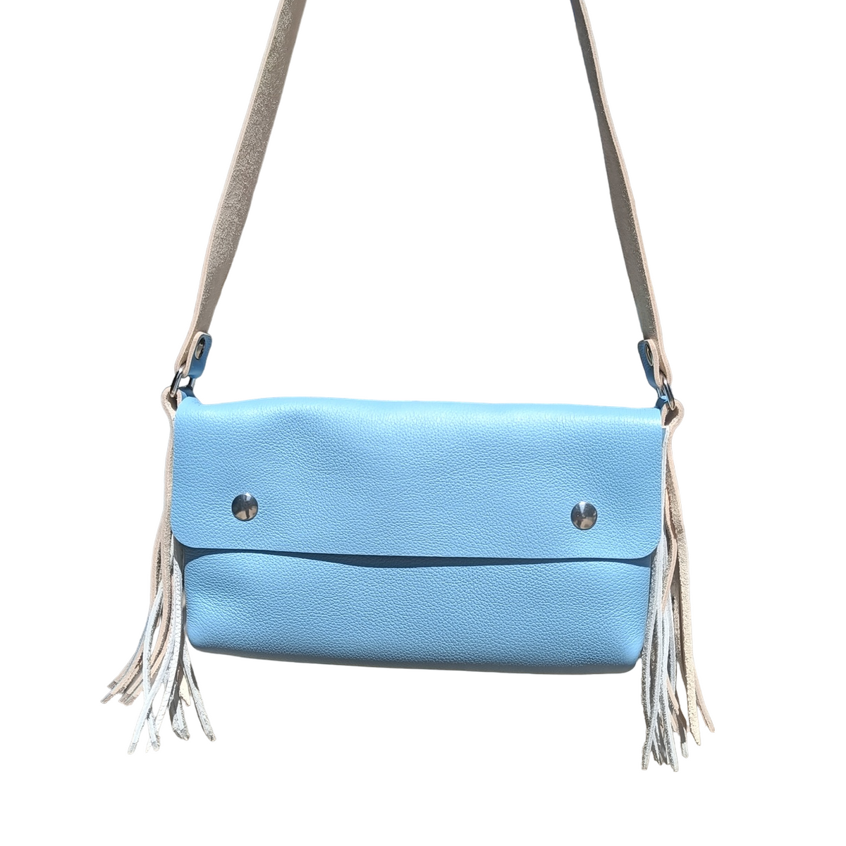 sac à main pochette anthyllis chaîne acier cuir français maroquinerie éthique responsable made in france faméthic rose bleu lavande blanc frange