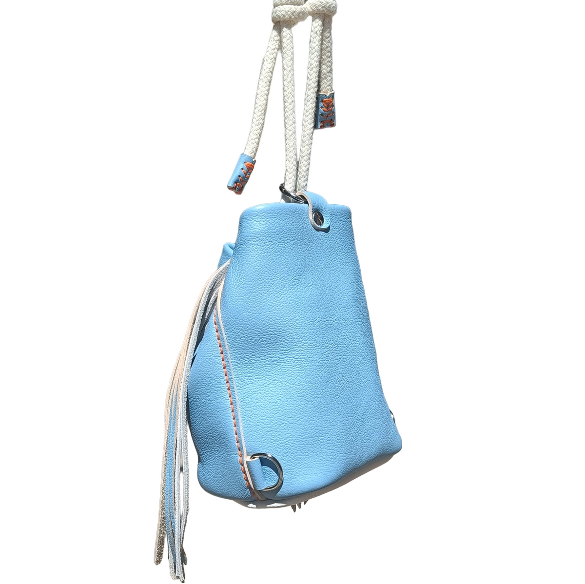 mini-camélée sac seau maroquinerie éthique responsable cuir sac à main frange collection optimiste faméthic marseille rose blanc bleu lavande