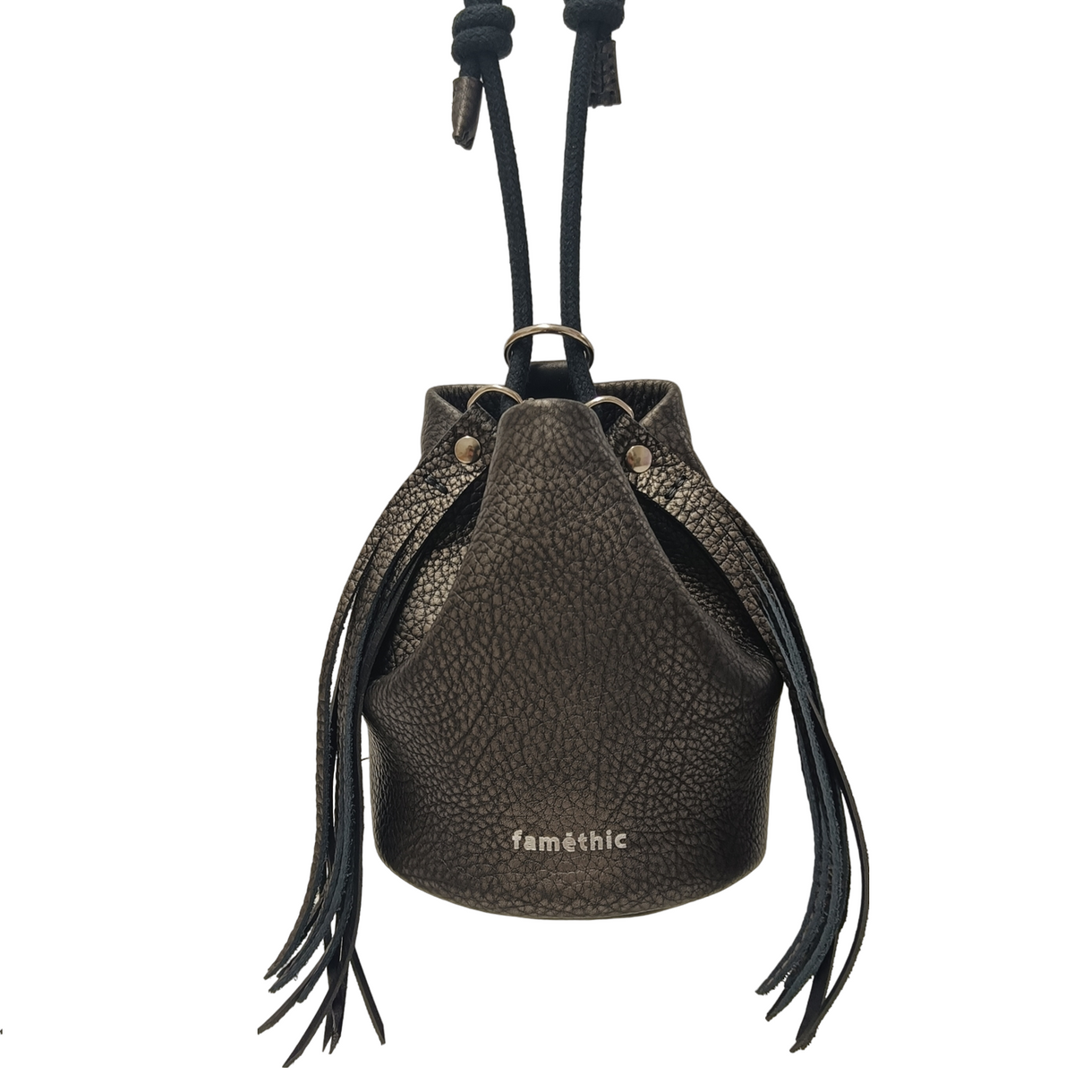 sac à dos bandoulière sac seau frange cuir français noir argenté bronze faméthic maroquinerie fabrication française made in france 